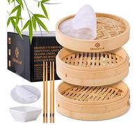 KITCHEN CRUST Bamboo Steamer Basket for Chinese Asian Cuisine,2 Tier 10-Inch Steaming Basket Bao Bun Vegetable Steamer, Dumpling Steamer bamboo steam basket, Sauce Dish, Reusable Liners, Ring