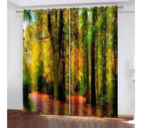 Kitchen Curtain for Windows, Black Out Curtains Boho Green Yellow Autumn Woods Scenery Polyester 2 Panels 168x108inch