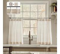 Kitchen Curtains for Small Window,Cafe Curtains 24 Inch Length,Boho Striped Kitchen Pinch Pleat Curtain with Hooks Rings for Half Windows Semi Sheer Light Filtering Curtains Tan on Nature