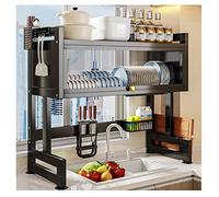 Kitchen Dish Drain Rack, 2-Layer Countertop Storage Cabinet Above Sink, Drainage System with Bracket Hook and Cabinet Door