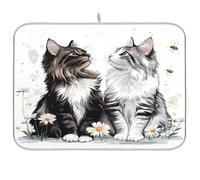 Kitchen Dish Drying Mat Highly Absorbent Microfiber Drying Pad with Hanging Loop 16x18in Cartoon Maine Coon Cats White