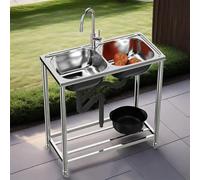 Kitchen Double Bowl Sink,78x43x82cm Free Standing Outdoor Stainless Steel Utility Commercial Sinks with Stand,Mobile Portable Washing Hand Basin Station,for Camping Restaurant Garage