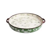 Kitchen Double-Handled Round Baking Pan Hand-Painted Cherry Blossoms Beaded Edge for Desserts Pizza Cooking(Green,Large)