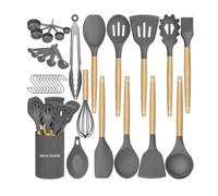 Kitchen Essentials 33Pcs Silicone Cooking Utensils Set | Non-Stick Heat-Resistant Kitchen Tools with Wooden Handles | Spatula, Spoon & Turner Set | Durable, Eco-Friendly Utensils - Grey (Set of 2)