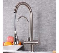 Kitchen Faucet 3 Way Brushed Stainless Steel Drinking Water Hot and Cold Water Rotatable 360 ° 2 Handles Kitchen Faucet