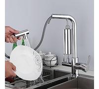 Kitchen Faucet 3 Ways with Shower Extendable Faucet Kitchen Brass Filtration Water Purification Function Hot and Cold Water Straight Drink 360° Swivel Drinking Water Faucet, Chromium