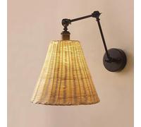 Kitchen Faucet Black Swing Arm Lamp Rattan Bedside Wall Mount Light, Adjustable Rustic Wicker Weaving Shade