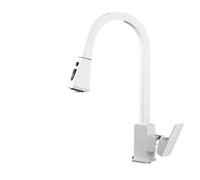 Kitchen Faucet Pull-Out Kitchen Faucet Rotatable Vegetable Sink Hot and Cold Copper Body Stretch Sink Dual-Function Square Faucet Brushed(White)