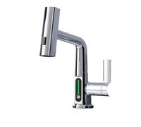 Kitchen Faucet, Pulling Lifting Digital Display Faucet, Waterfall Basin Faucet Stream Sprayer, Hot Cold Water Sink Mixer Wash Tap For Bathroom for Kitchen Sink, Bar, Farmhouse, Laundry(Silver With scr