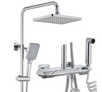 Kitchen Faucet Shower Faucet Set, 4 Functions Shower System, LED Digital Display, 28x19cm Square Shower Head, with Waterfall Bathtub Faucet, Spray, 3 Modes Hand Shower, Brass Body, Height Adjustable