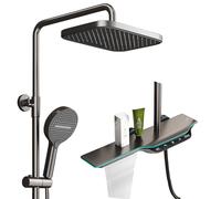 Kitchen Faucet Thermostatic Shower System, 12 Inch Square Shower Faucet Set, Upgraded Ambient Lighting, Digital Display, Piano Keys Shower Head Set with 5 Modes Handheld and Waterfall Bathtub Faucet