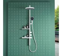 Kitchen Faucet Thermostatic Shower System, 3 Functions Shower Mixer Set with 2 Tier Shelf, 12in/30cm Round Shower Set with Waterfall Bath Tap, 3 Mode Hand Shower, Brass Body, Anti-rust