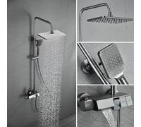 Kitchen Faucet Thermostatic Shower System, Piano Keys Shower Faucet Set with Handheld Spray, 11inch/27cm Square Rain Shower Head Set, Exposed Shower Combo Set with Brass Valve, Height Adjustable