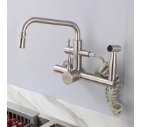 Kitchen Faucet Wall Mounted Faucet 2 Hole Brushed Stainless Steel Sink Mixer with Pull Down Spray Swivel Spout Dual Mode Kitchen Tap Easy Installation
