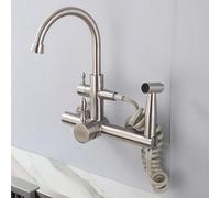 Kitchen Faucet Wall Mounted Faucet 2 Hole Brushed Stainless Steel Sink Mixer with Pull Down Sprayer Swivel Spout Single Mode Kitchen Tap for Home