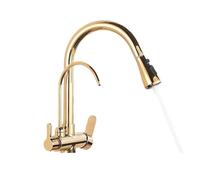 Kitchen Faucet with Double Handle, Water Purification Tap for Bridge Installation, 2 Swivel Spouts Sink Mixer, Antique Brass Finish, Durable and Stylish Design