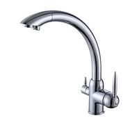 Kitchen Faucet with Drinking Filtered Water Outlet, Lead-Free Brass 3 in 1 Kitchen Sink Tap, High Arc 360° Swivel Dual Handle Cold and Hot Water Mixer Tap,Beige(Cromo)