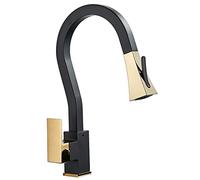 Kitchen Faucet with Flexible Pull Down Sprayer Brass Cold and Hot Square Kitchen Mixer Tap 360° Swivel Single Handle Extendable Kitchen Sink Faucet, Double Mode Water,Black Gold