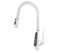 Kitchen Faucet with LED Digital Display High Arc 360° Swivel Pull Down Hot and Cold Kitchen Mixer Tap Brass Three Function Sprayer Kitchen Sink Faucet, Single Handle,White