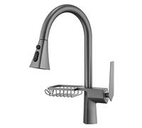 Kitchen Faucet with Pull Down Sprayer Commercial Solid Brass Single Handle Single Hole Kitchen Sink Faucet, High Arc 360° Swivel Kitchen Mixer Tap, Three Water Mode,Gun Grey
