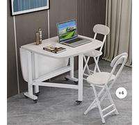 Kitchen Folding Tables, Butterfly Folding Dining Set 4 Space-Saving Folding Dining Table Set with 4 Chairs and 360° Universal Wheels Movable Drop Leaf Table (White-One table with 4 chairs,100*60cm)