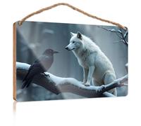 Kitchen Funny Sign A White Wolf and A Black Crow Sit On A Snowy Branch Wooded Sign Welcome Sign for Front Door Funny Man Cave Signs(15X28CM)