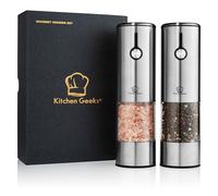 Kitchen Geeks Electric Grinder Set - USB Rechargeable Salt and Pepper Mill with Light, Easy to Refill, No Batteries Required, One Handed Automatic Grinding, Stainless Steel, and Adjustable Coarseness