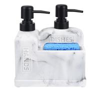 Kitchen Hand Soap and Dish Soap Dispenser Set,Dual Soap Dispenser with Sponge Holder 3-in-1 Organizer for Kitchen Sink,Bathroom,Useful Kitchen Gadgets - White Marble Look