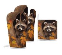 Kitchen Heat-resistant Gloves And Mat Set, Raccoon in The Fall Tree Hole Printed A Three-piece Set Suitable for Kitchen Cooking, Baking, Microwave, And Pizza Making.
