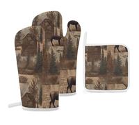 Kitchen Heat-resistant Gloves And Mat Set, Rustic Lodge Bear Moose Printed A Three-piece Set Suitable for Kitchen Cooking, Baking, Microwave, And Pizza Making.