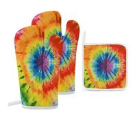 Kitchen Heat-resistant Gloves And Mat Set, Tie Dye Printed A Three-piece Set Suitable for Kitchen Cooking, Baking, Microwave, And Pizza Making.
