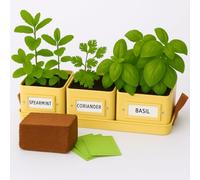 Kitchen Herb Pots Set on Tray (Buttercream, Complete Kit with Herbs) | 3 Square Steel Pots, 10.5 cm, with Leather Effect Handles
