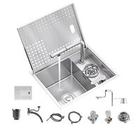 Kitchen Hidden Sink in the RV Bar Kitchen Small Sink Made of Stainless Steel with Lid, Lifting Tap, Siphon Balcony Studio, Outdoor Vegetable and Hand Wash Basin (Silver, 45 x 38 x 22 cm)