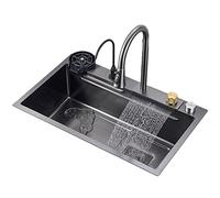 Kitchen HYJAUSXB Waterfall Raindance Stainless Steel Single Bowl with Multifunctional Top Loading Flying Rain Pull-Out Faucet (Color : A, Size 80 * 45cm)