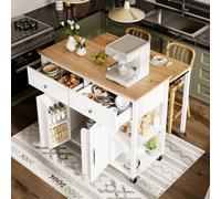 Kitchen Island Central Cooking Station Dining Room Cart Adjustable Dividers Side Towel Rack Foldable Tabletop 2 Drawers 4 Doors (White-6)