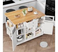 Kitchen Island Central Cooking Station Dining Room Table Side Towels Holder Adjustable Dividers Folding Tabletop 2 Drawers 4 Doors (White)