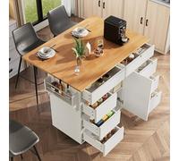 Kitchen Island Central Cooking Station with Adjustable Dividers Side Towel Rack Foldable Tabletop 2 Drawers & 4 Doors - Modern White Design