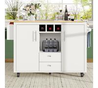 Kitchen Island with Adjustable Shelves, Folding Worktop, Wine Rack, Utility Cart with Towel and Spice Racks, 138L x 73W x 92H cm, White Aosom UK