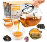 Kitchen Kite Glass Teapot Set with 4 Double Wall Teacups & Removable Stainless Steel Infuser - Microwave & Dishwasher Safe - Clear Teapot with Blooming & Loose Leaf Teas, Gift Set