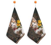 Kitchen Kitten Hugging A Flower Hand Towels with Hanging Loops, Highly Absorbent & Quick Drying Towels for Kitchen Bathroom, Microfiber Cleaning Cloth, Dish Towel, Tea Towel Decorative, Dish Rag(12x12