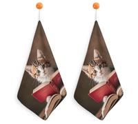 Kitchen Kitten Reading A Book Hand Towels with Hanging Loops, Highly Absorbent & Quick Drying Towels for Kitchen Bathroom, Microfiber Cleaning Cloth, Dish Towel, Tea Towel Decorative, Dish Rag(12x12)