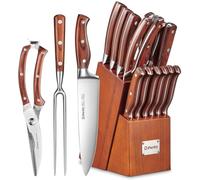 Kitchen Knife Set, 16 Pcs Stainless Steel Kitchen Knife Set with Sharpener & Wooden Block, Knife Block Set with Wood Handle, Chef, Santoku, Bread,Utility, Paring, Carving, Fork Knife, Brown