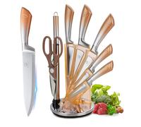 Kitchen Knife Set, 9-Piece Silver Sharp Non-Stick Coated Chef Knives Block Set,Stainless Steel Knife Set for Kitchen with Sharpener for Cutting Slicing Dicing Chopping (Gold)