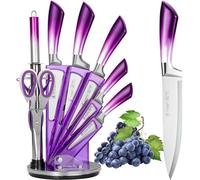 Kitchen Knife Set, 9 Pieces Professional Cooking Knife Set with Acrylic Block, Non Stick Sharp Stainless Steel Chef Knife Set with Ergonomic Gradient Handle, Present for Women Girls (Purple)