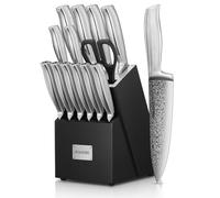 Kitchen Knife Set, FOHERE Knife Set with Block with Advanced Self Sharpening Technology, 14 Pieces Waved Texture Knives Set, Stainless Steel Kitchen Knives, Sharp Knives with Non-slip Ergonomic Handle