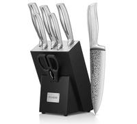 Kitchen Knife Set, FOHERE Knives Set with Advanced Self Sharpening Technology, 7 Pieces Waved Texture Knife Set with Block, Stainless Steel Kitchen Knives, Sharp Knives with Non-Slip Ergonomic Handle