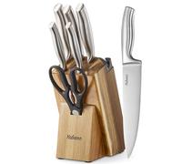 Kitchen Knife Set with Block, 7 Piece German Stainless Steel Knives Set with Built-in Sharpener, Chef Knife Set with Scissors and Acacia Wood Block, Professional Sharp Knives for Home Cooking