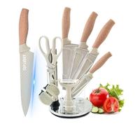 Kitchen Knife Set with Block, 8 Pieces Khaki Sharp Knife Block Set with Diamond Grain Non-stick Knife Blade, Stainless Steel Chef Knife Set Suitable for Home Restaurant Apartment (Khaki)