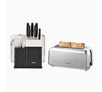 Kitchen Knife Set with Block, Sharpener & 4-Slice Stainless Steel Toaster - 10-Piece Knives, Chopping Board & Wide Slot Toaster - Home Cooking Bundle