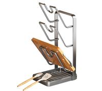 Kitchen Lid Storage Rack - 18.2 x 13.6 x 22.5 cm, Double Layer Stand, Heat Resistant Carbon Steel Holder, Multi-Purpose Organizer with Tray | For Pot Lids, Cutting Boards, Bac